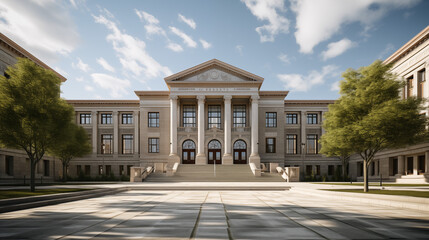Fototapeta premium Historic University Campus Featuring Grand Classical Architecture Tall Columns Symmetrical Design and Lush Greenery on a Clear Day