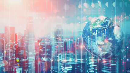 Fototapeta premium Smart digital Innovation city with connection network reciprocity over the cityscape. of future smart wireless digital city and social media networking systems that connects people with in city
