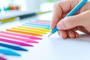 Naklejka premium A brightly colored arrangement of markers with a hand holding a blue pen, perfect for creative projects and artistic inspiration.