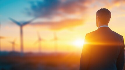 Fototapeta premium A businessman gazing at a sunset beside wind turbines, symbolizing innovation and sustainable development in renewable energy.