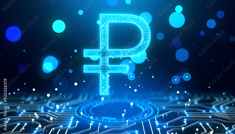 Aufkleber futuristic ruble sign with neon circuitry on blue background. 3d rendering