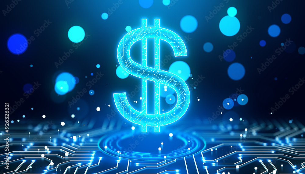 Poster Neon dollar sign with circuit design on digital background. 3D Rendering