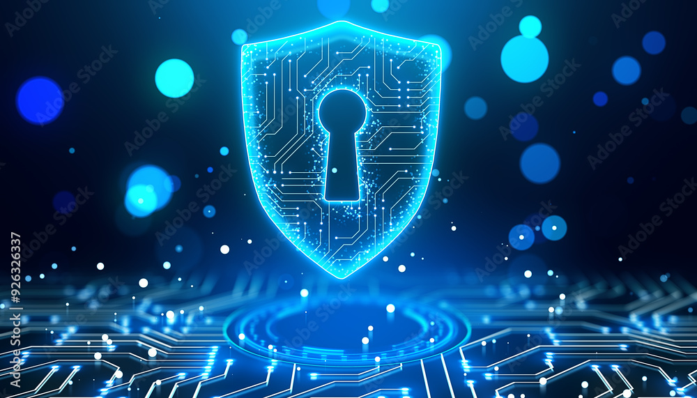 Poster Futuristic shield with lock and circuits on virtual background. 3D Rendering