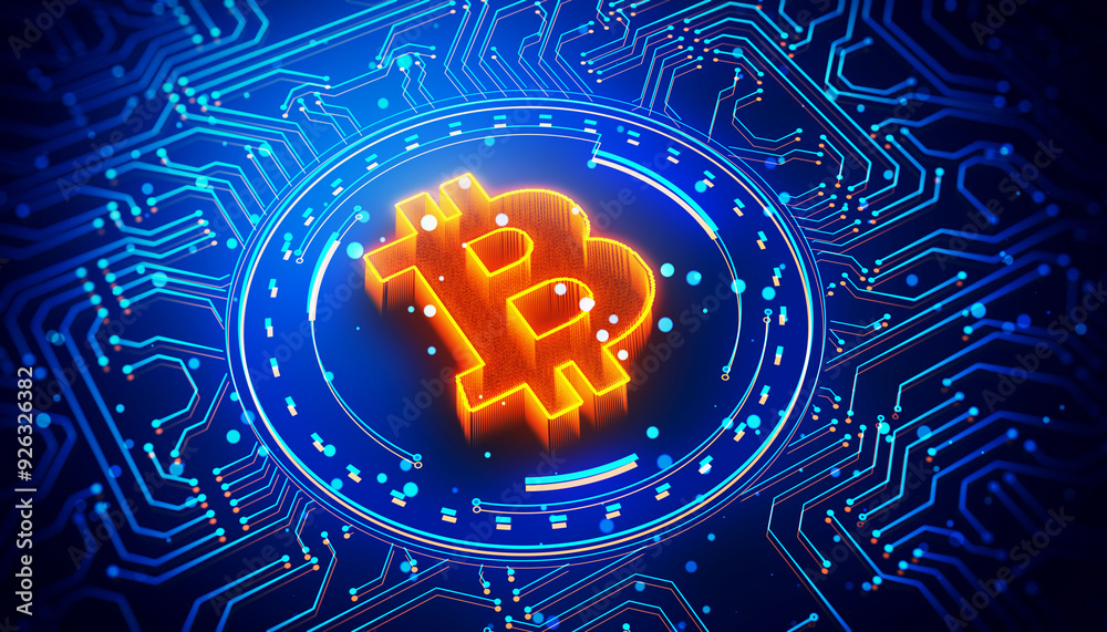 Poster Bitcoin symbol on a glowing circuit board background in neon blue and orange tones. 3D Rendering