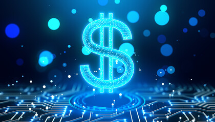 Neon dollar sign with circuit design on digital background. 3D Rendering