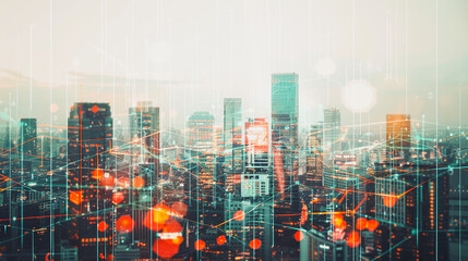 Smart digital Innovation city with connection network reciprocity over the cityscape. of future smart wireless digital city and social media networking systems that connects people with in city