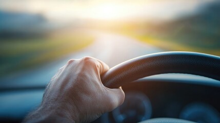 A close-up of a hand gripping the steering wheel, driving towards a beautiful sunset on an open road, symbolizing adventure and freedom.