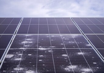 Hail-damaged solar panel close-up with cracked photovoltaic cells under overcast skies, showcasing the effects of extreme weather on renewable energy technology.