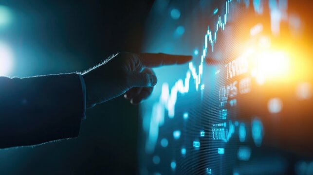 A business professional analyzes stock market trends on a digital screen, highlighting growth and investment opportunities.