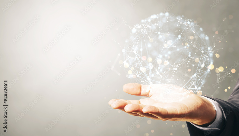 Poster Hand holding a holographic sphere with connected nodes and lines on a light background. Concept of global data networking and technology.