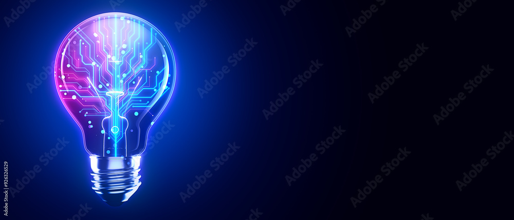 Poster Glowing lightbulb with circuit design on dark blue background. 3D Rendering