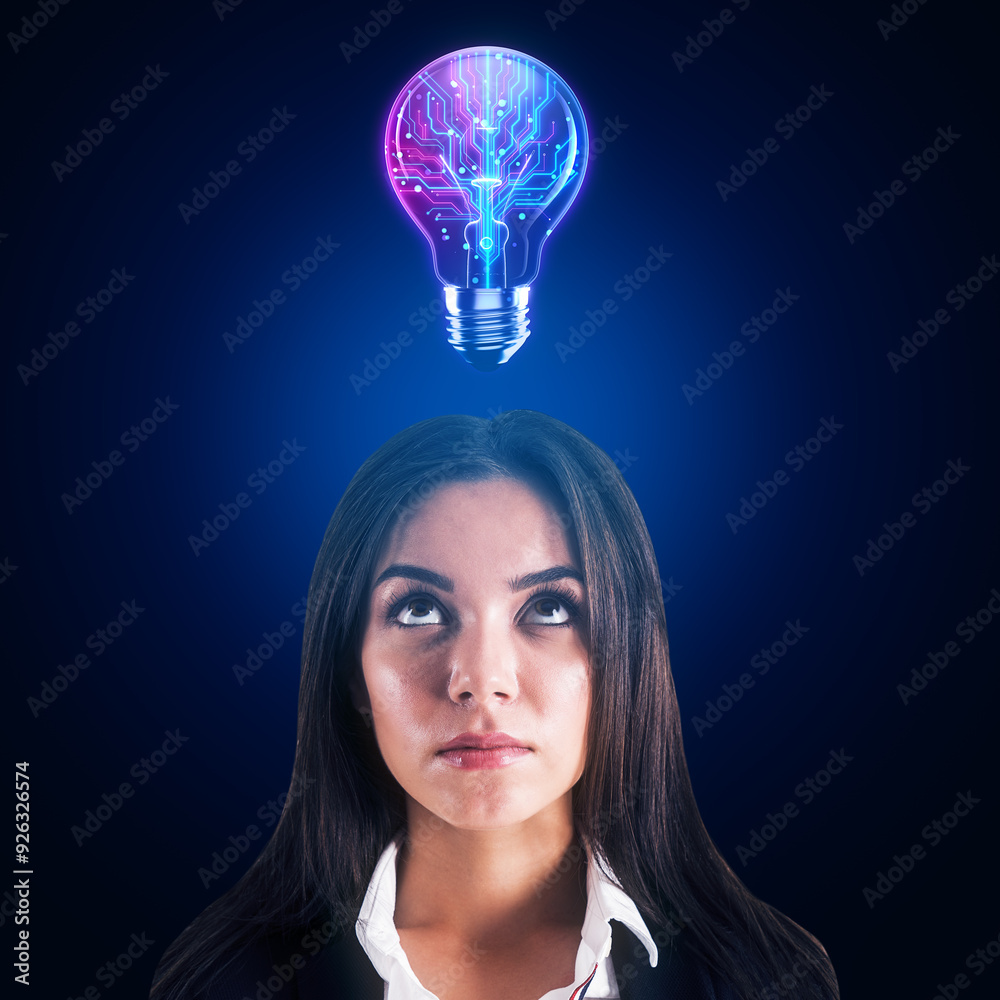 Poster woman looking up at a glowing lightbulb with circuit patterns on a dark blue background, symbolizing