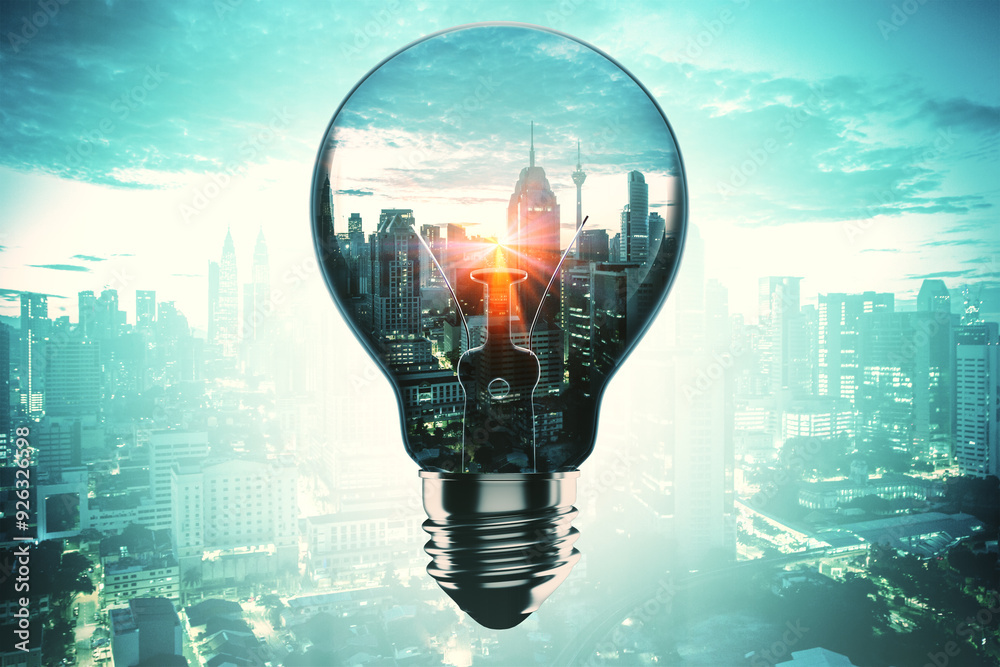 Poster lightbulb with cityscape reflection on blue background, symbolizing ideas and creativity.