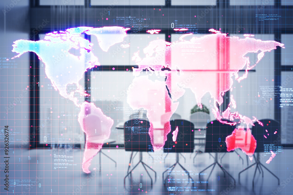 Aufkleber Digital world map with data overlay in modern office setting.