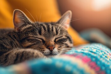 A cozy tabby cat peacefully napping on a colorful blanket, surrounded by warm, comforting colors and soft textures.