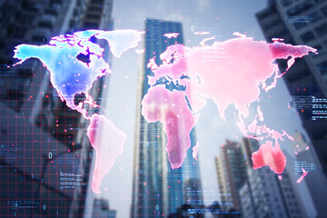 Digital world map with data overlay on cityscape background.
