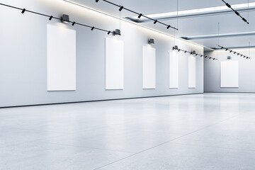 Modern gallery interior with empty frames on walls. 3D Rendering