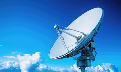 A large satellite dish captures signals against a bright blue sky, symbolizing communication technology and connectivity.