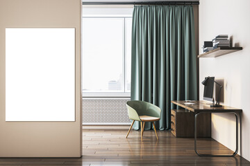Modern office interior with blank poster on wall. 3D Rendering