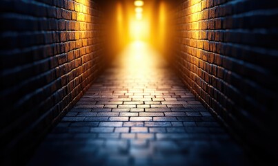 A mysterious hallway illuminated by warm light, featuring textured bricks and a captivating atmosphere. Perfect for creative projects.
