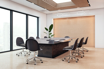 Modern conference room with city view and luxury furniture. 3D Rendering