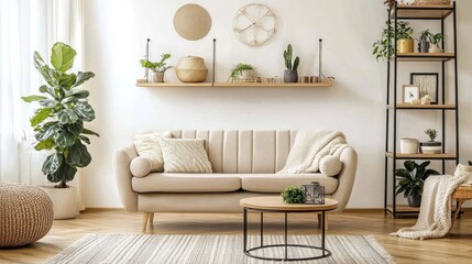 Sofa table and shelf units in a lightfilled living room Interior design concept