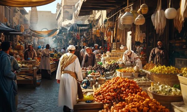 An animation showcasing a bustling market in ancient Egypt, with merchants, camels, and iconic pyramids in the background, all rendered in pixel art