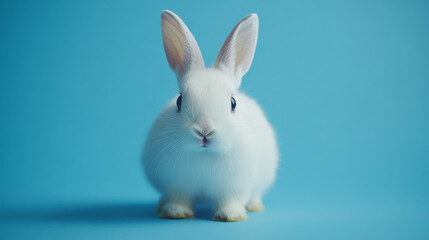 The blue background highlights the animal's white fur and bright eyes, making it a symbol of Easter. --ar 16:9 --v 6.1 Job ID: 28759f1f-3651-4ba6-9363-974bfb04787f