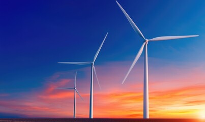 Fototapeta premium A serene landscape featuring three wind turbines against a vibrant sunset sky, symbolizing renewable energy and sustainability.