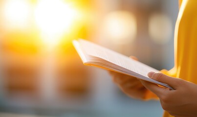 A serene moment of reflection as a person reads a book, illuminated by warm sunlight, creating a peaceful atmosphere.