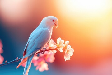 A serene white bird perched gracefully on a blooming flower branch against a dreamy sunset background, embodying tranquility and beauty.