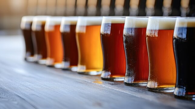 A vibrant display of assorted beer glasses showcasing a spectrum of colors and textures, perfect for beverage enthusiasts.