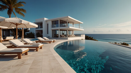 Fototapeta premium Sea View of Luxury Modern White Beach Hotel with Pool and Sunbed on Sundeck