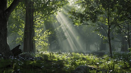 Peaceful woodland scene with soft dappled light through the canopy, creating a warm, serene glow.