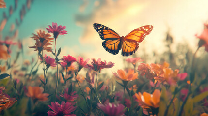 Obraz premium A butterfly flutters over flowers, helping them to grow. --ar 16:9 --v 6.1 Job ID: d365abdd-b541-4dda-a5ba-00aeee4fa203