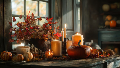 Halloween pumpkin and candles on wooden table