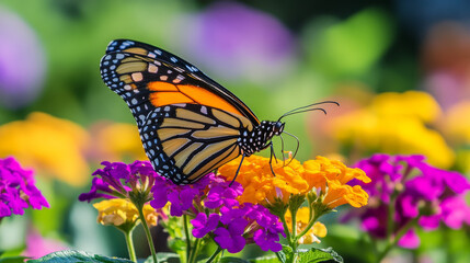 Naklejka premium A butterfly named Danaus chrysippus is commonly seen on flowers. It's often called the plain tiger, African queen, or African monarch. --ar 16:9 --v 6.1 Job ID: a9ef17ef-6ea9-4aa8-9829-5a759a5abe11