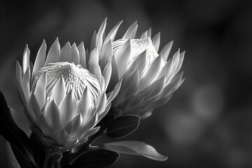 Black and white photo of Proteas. Beautiful monochrome wildlife nature photo of flowers. © Ostrich