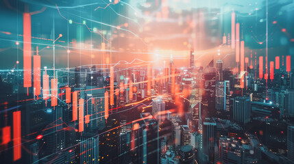 Fototapeta premium Smart digital Innovation city with connection network reciprocity over the cityscape. of future smart wireless digital city and social media networking systems that connects people with in city
