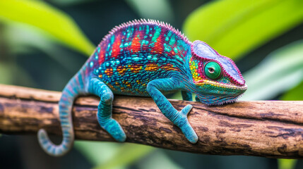 Fototapeta premium A chameleon with vibrant colors rests on a wooden branch. --ar 16:9 --v 6.1 Job ID: 64904c89-b9b5-42e9-a41e-c71b8539b361