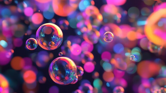 Colorful soap bubbles float gracefully in a dreamy background, creating a vibrant and playful atmosphere filled with light.
