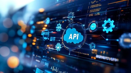A computer screen displaying interconnected clouds with gears and "API" labels, representing system integration