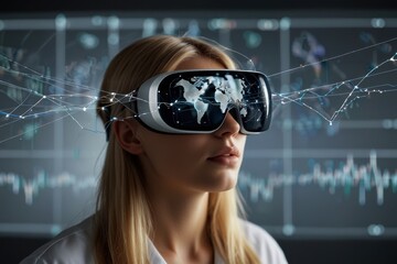 A woman is wearing virtual reality goggles with a graphic of a global network overlaying her view