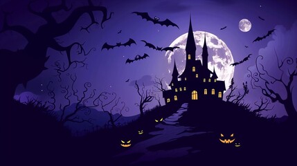 Gothic castle on the hill, dark sky and full moon, flying bats, spooky atmosphere