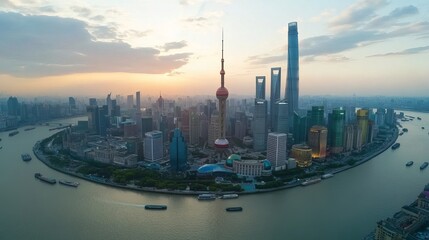Obraz premium Shanghai China city skyline along the Huangpu River