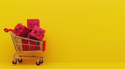 Shopping Cart Filled with Red Gift Boxes Against a Yellow Background with Copy Space for Black Friday Ads