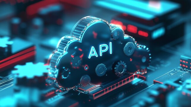 A 3D cloud with gears and "API" text floating in a digital environment, symbolizing interconnected systems