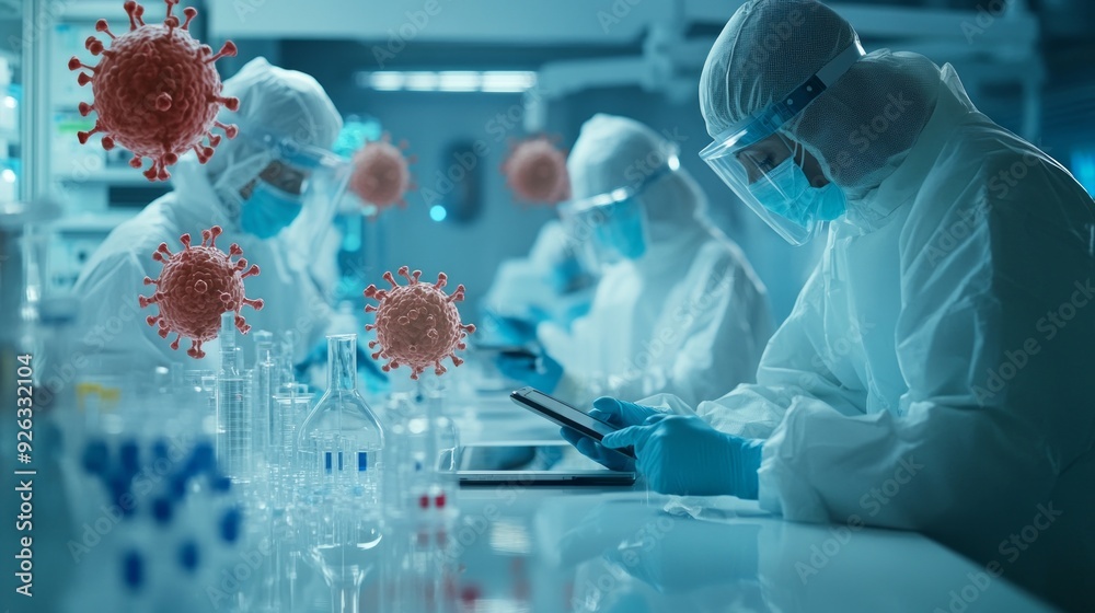 Poster Scientists in protective gear focus intently on tablets while studying digital displays of virus models in a cutting-edge laboratory environment