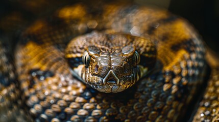 Fototapeta premium Coiled Venomous Snake Displaying Fangs and Intense Eyes in Focus.