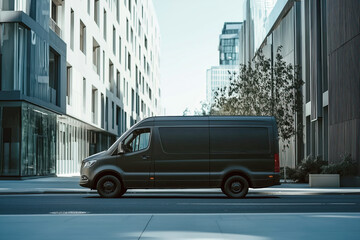 Black Delivery Van Parked on a Modern Urban Street with Contemporary Architecture.